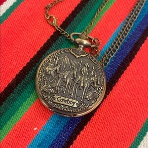 Unique Vintage Brass-Tone Cowboy Pocket Watch Pendant Necklace